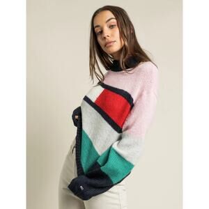 TOMMY HILFIGER Alpaca Wool Blend Port Bell Sleeve Flag Sweater Pink Small Fuzzy